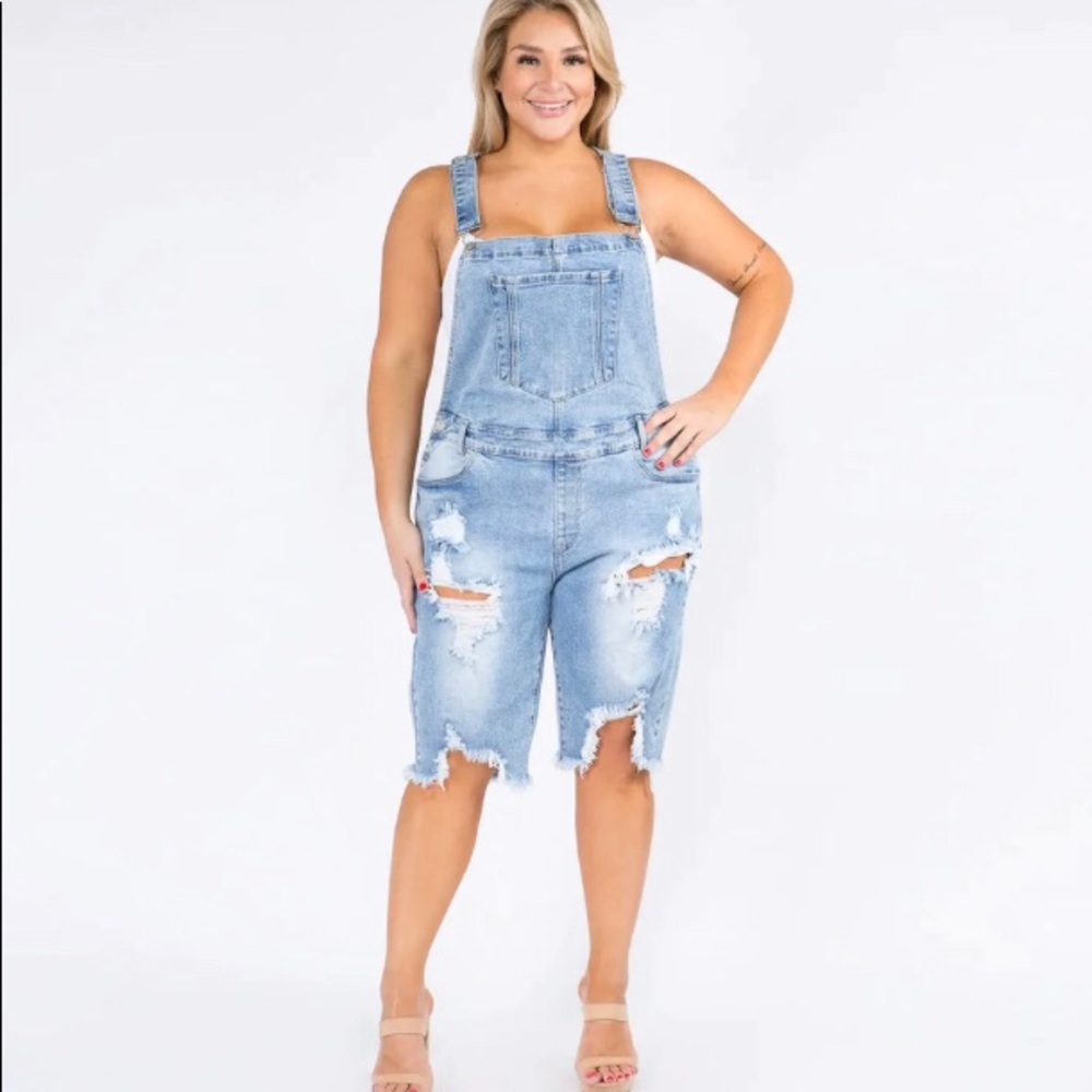 Plus size destroyed denim overalls